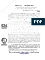 Comunicado A La Opinion Publica. Rechazo Alos Intentos de Difamasion Del Mov Estil y La Difamasion Contrala Aceu