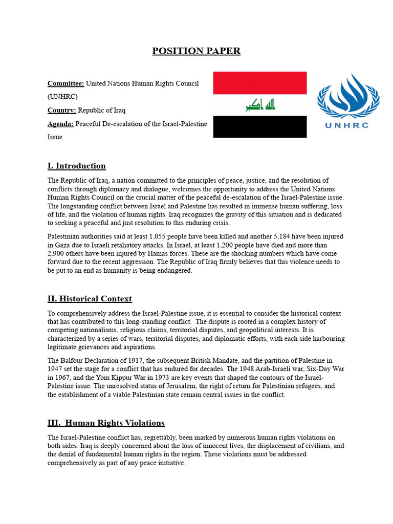 Position Paper MUN PDF Israeli Palestinian Conflict Israeli