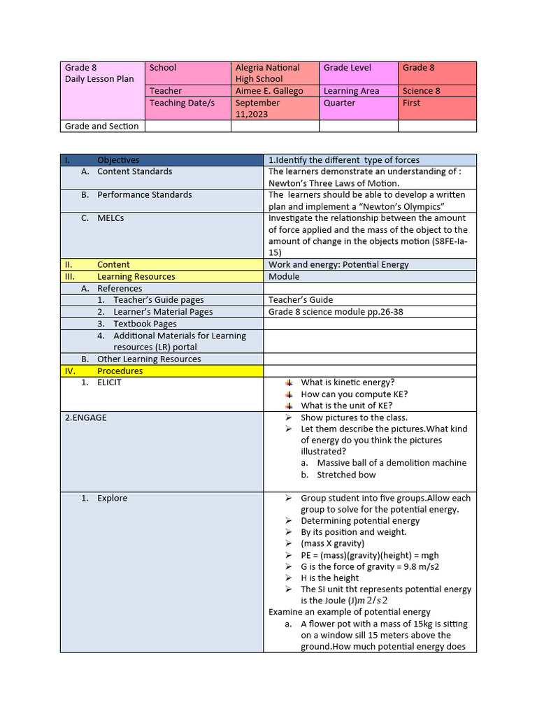 Grade 8 Science Lesson Plan: Forces | PDF | Potential Energy | Mass
