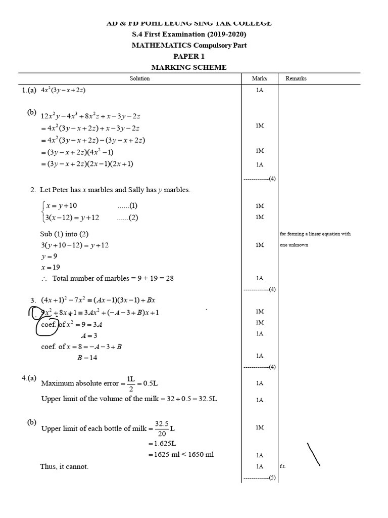 1920 1 Exam S4 Math Paper 1 Marking | PDF | Mathematics | Mathematical ...