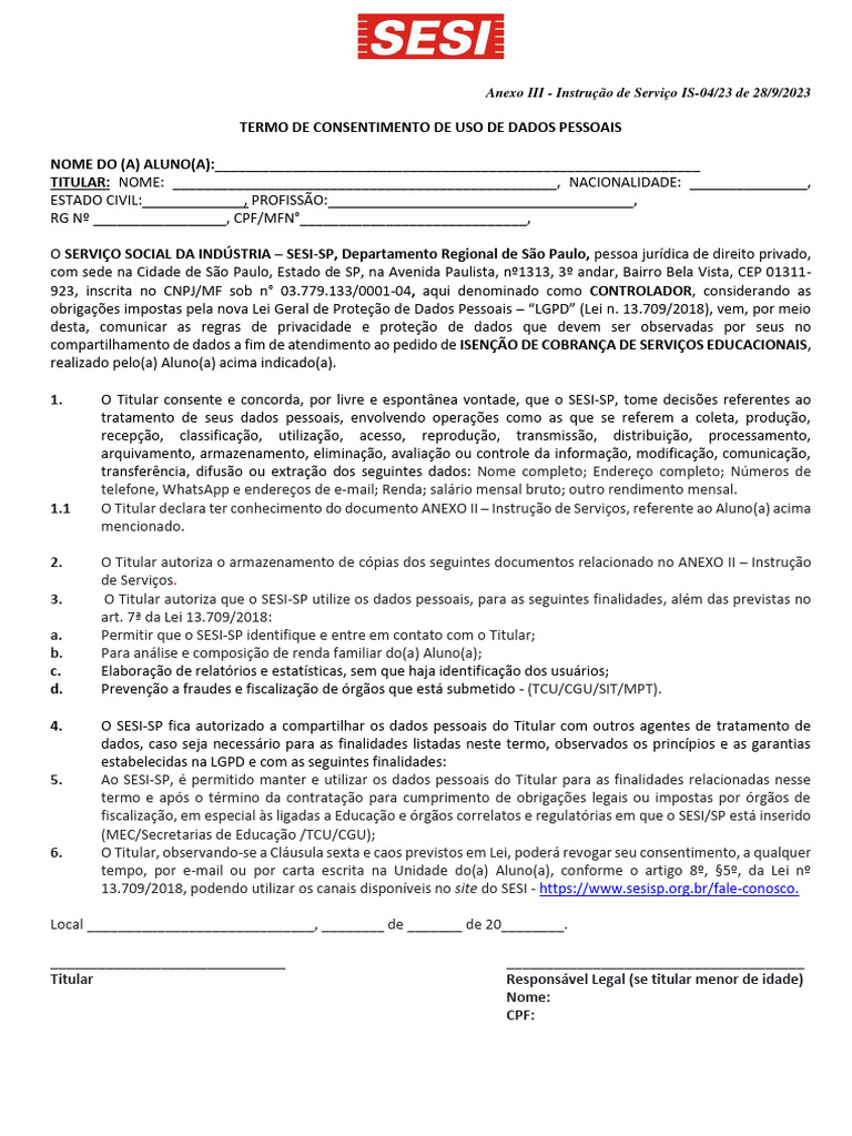Consentimento para Uso de Dados SESI-SP | PDF
