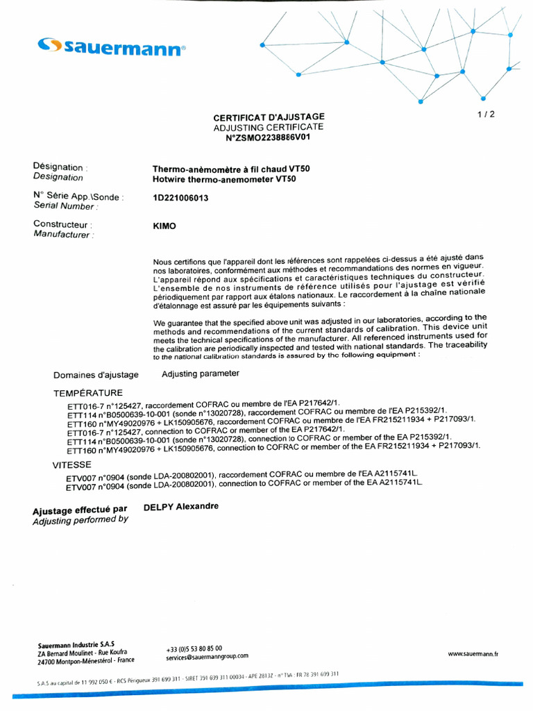 Certificat d'ajustage VT50 KIMO | PDF | Calibrage | Métrologie