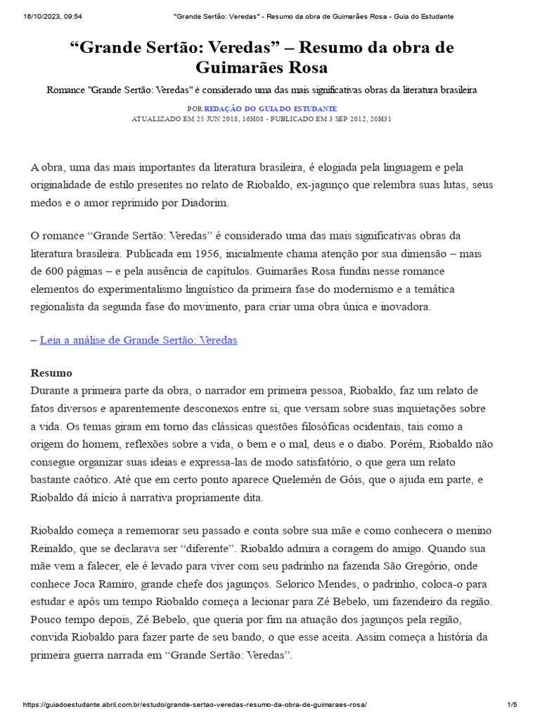 Resumo de "Grande Sertão: Veredas" | PDF