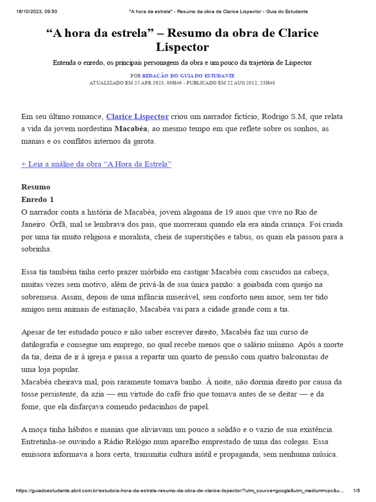 A Hora Da Estrela - Resumo Da Obra de Clarice Lispector - Guia Do ...