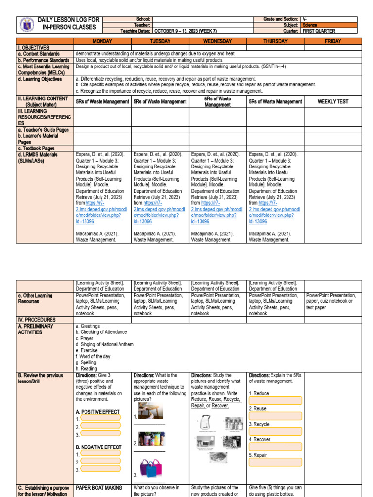 5Rs of Waste Management Lesson Plan | PDF | Waste | Waste Management