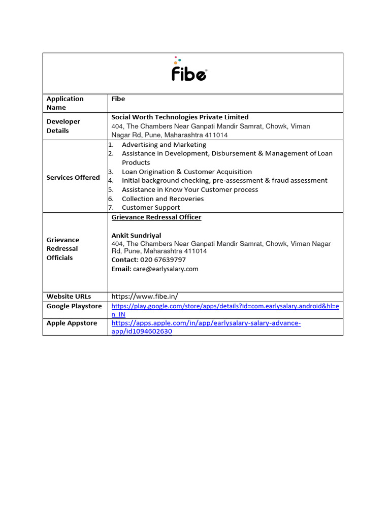 Fibe Company Details and Contact Info | PDF | Finance & Money Management