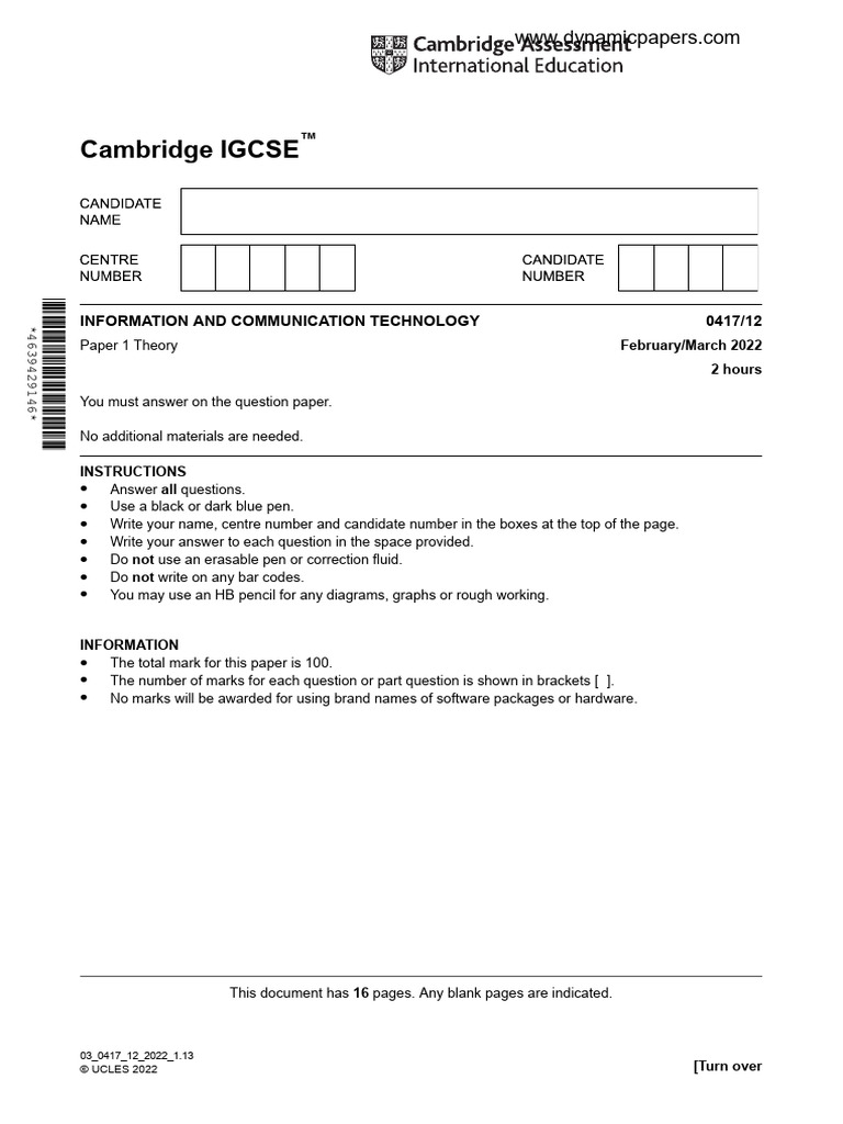 Cambridge IGCSE: 0417/12 Information and Communication Technology | PDF ...