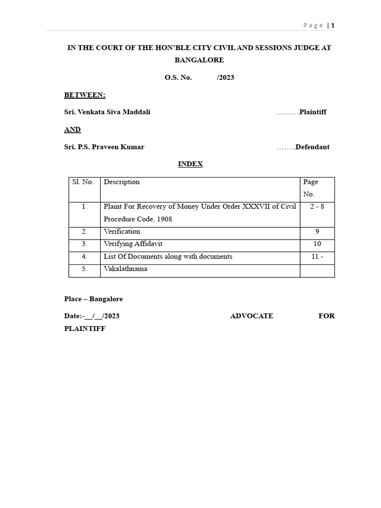 Recovery Suit Plaint PDF