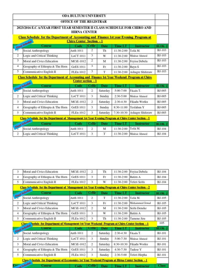 Class Schedule For 1st Year 2nd Semester | PDF
