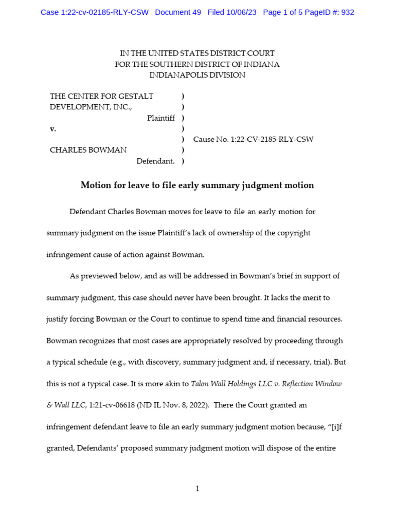Motion for leave to file early summary judgment motion pdf summary