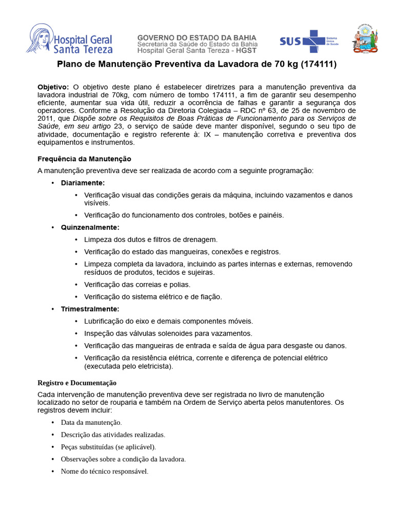 Plano_de_Manutencao_Preventiva_%E2%80%93_Lavadora_assinado | PDF