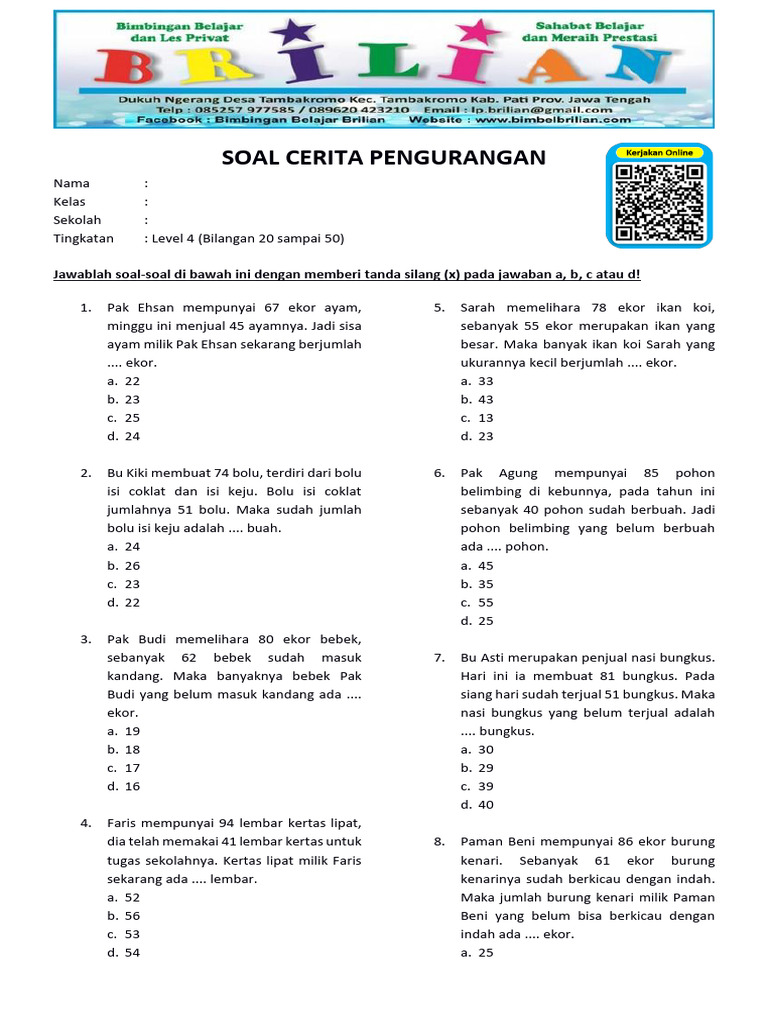 Soal Cerita Pengurangan Kelas 3 Sd Level 4 Bilangan 50 Sampai 100 Pdf