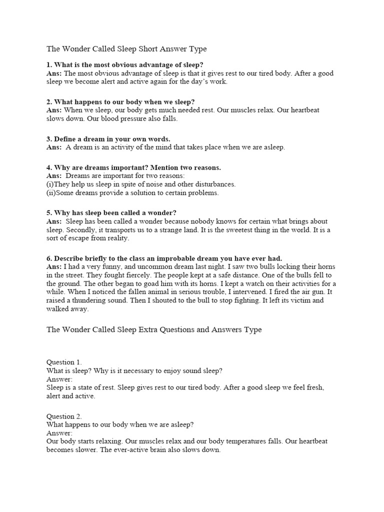 The Wonder Called Sleep Short Answer Type PDF