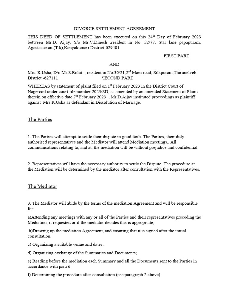 Divorce Mediation Settlement Agreement | PDF