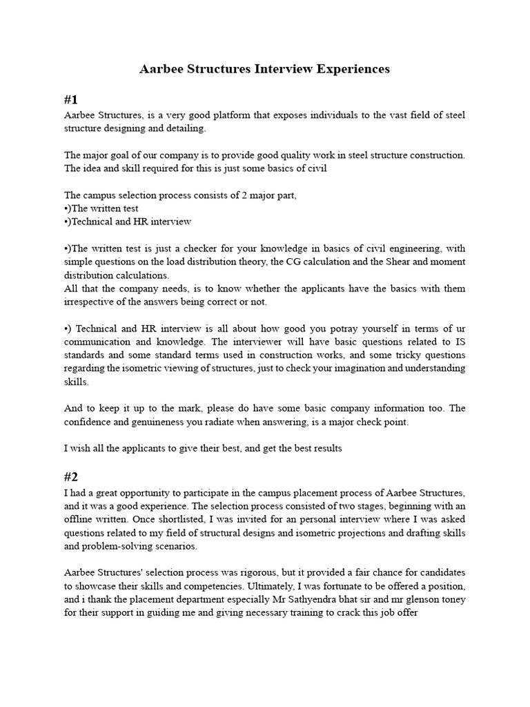 Aarbee structures interview experiences 2023 pdf