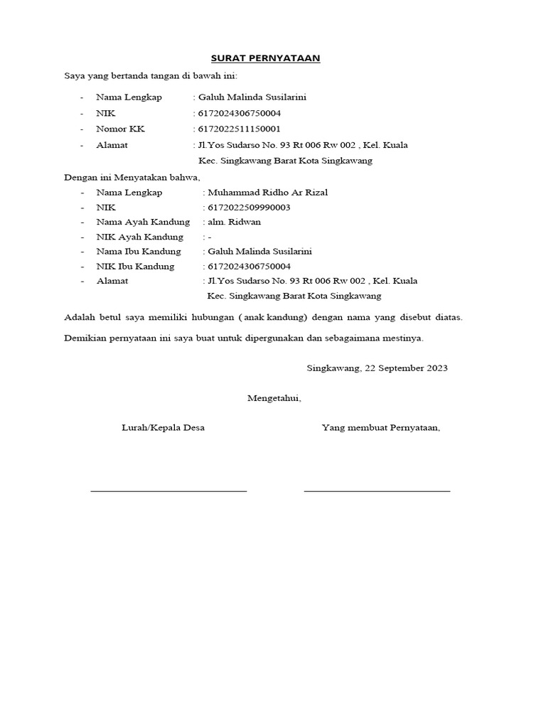 Surat Pernyataan Anak | PDF