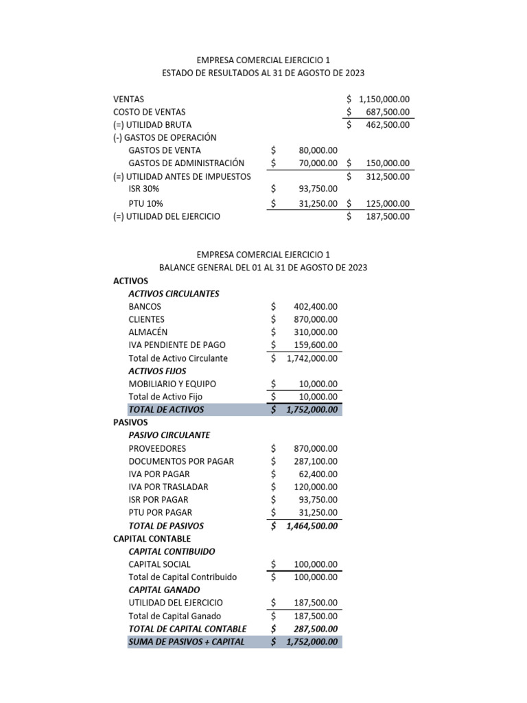 Balance General y Estado de Resultados - Ejercicio 1 | PDF