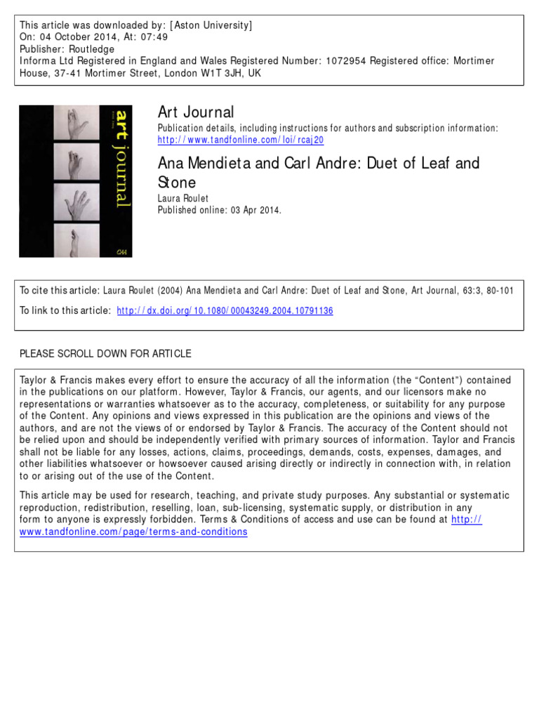 Ana Mendieta and Carl Andre: Duet of Leaf and Stone Laura Roulet | PDF ...