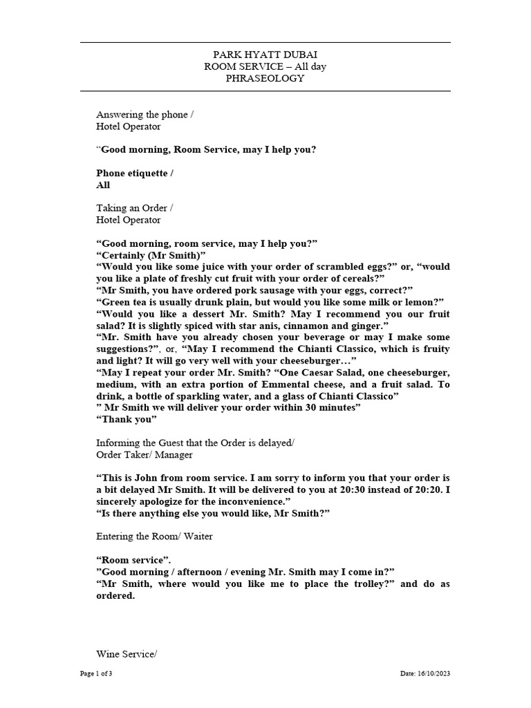Room Service Protocols at Park Hyatt | PDF | Cuisine | Cooking