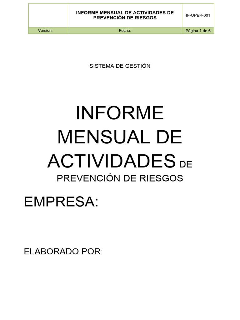 Formato Informe Mensual 2 | PDF | Riesgo | Seguridad y salud ocupacional
