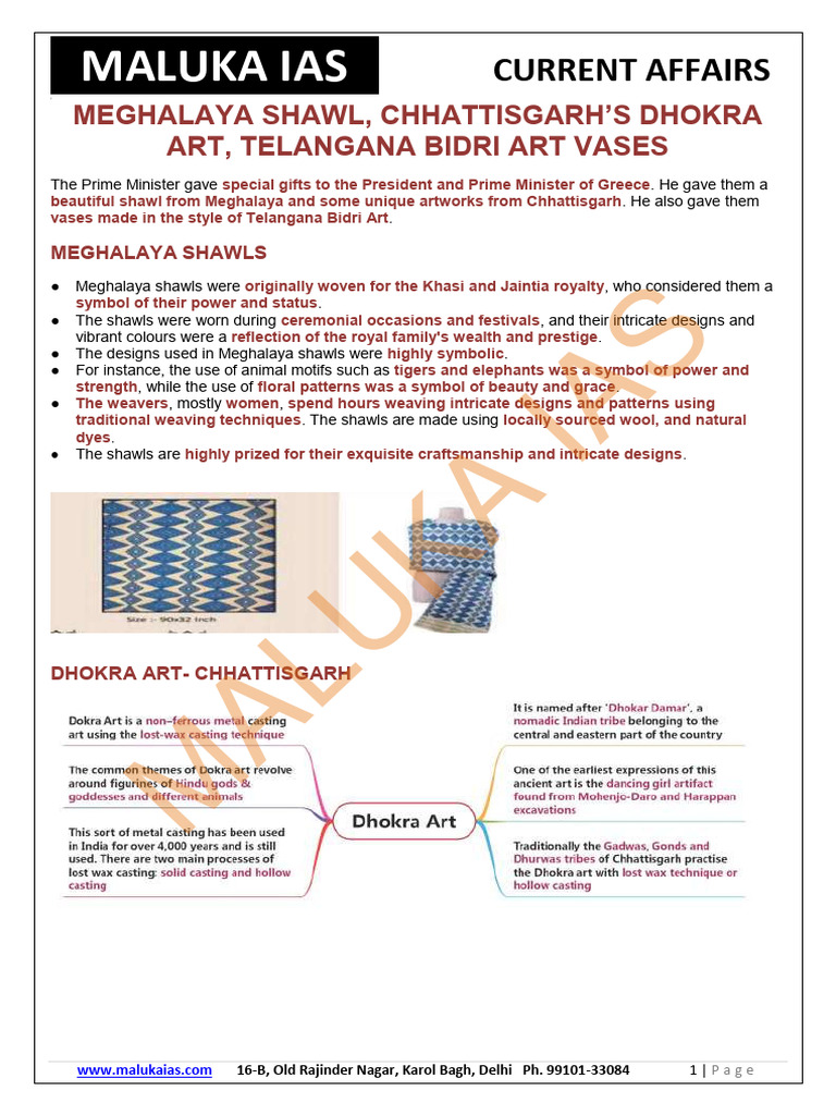 Meghalaya Shawl, Chhattisgarh's Dhokra Art, Telangana Bidri Art PDF