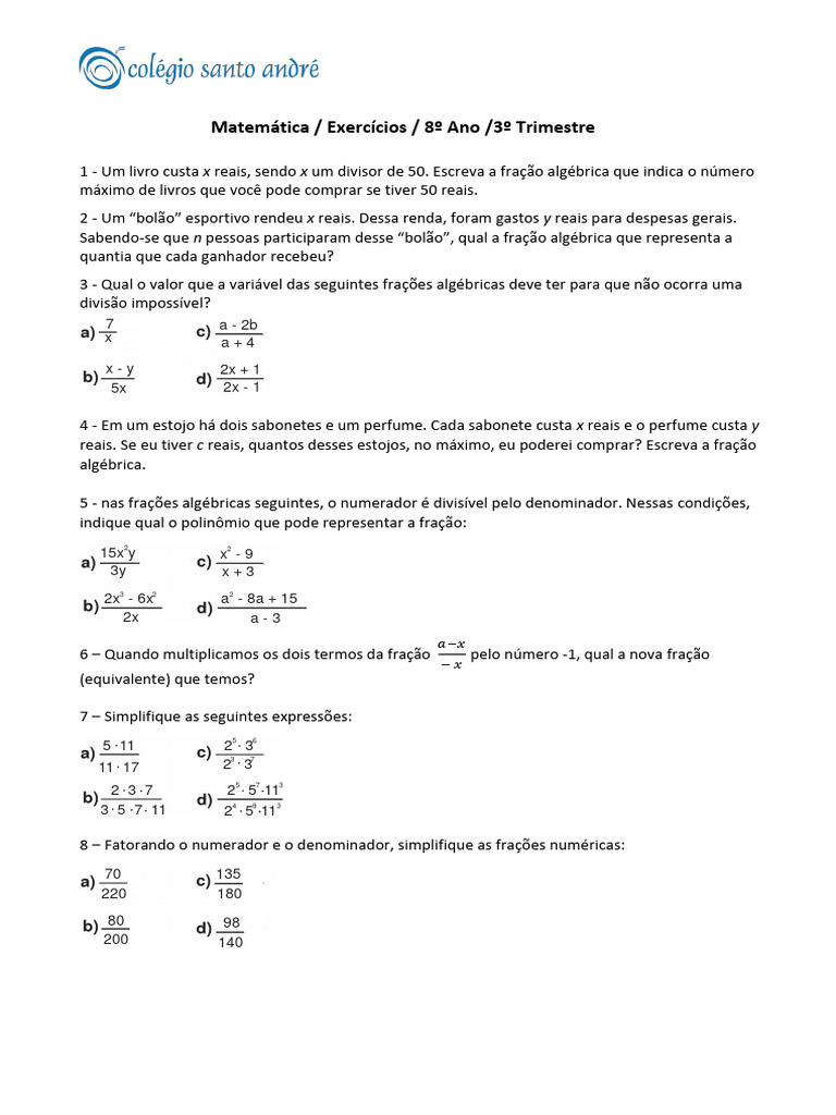 Atividade 8 Ano | PDF | Aritmética | Conceitos matemáticos