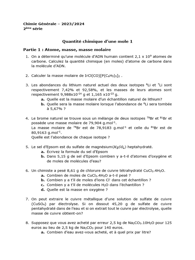 Masse Molaire des Composés Chimiques PDF Chimie Cuivre — free download