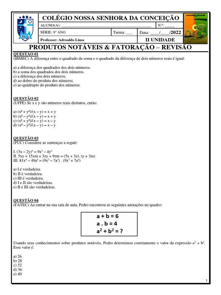 Exercícios de Produtos Notáveis 9º Ano | PDF | Computadores