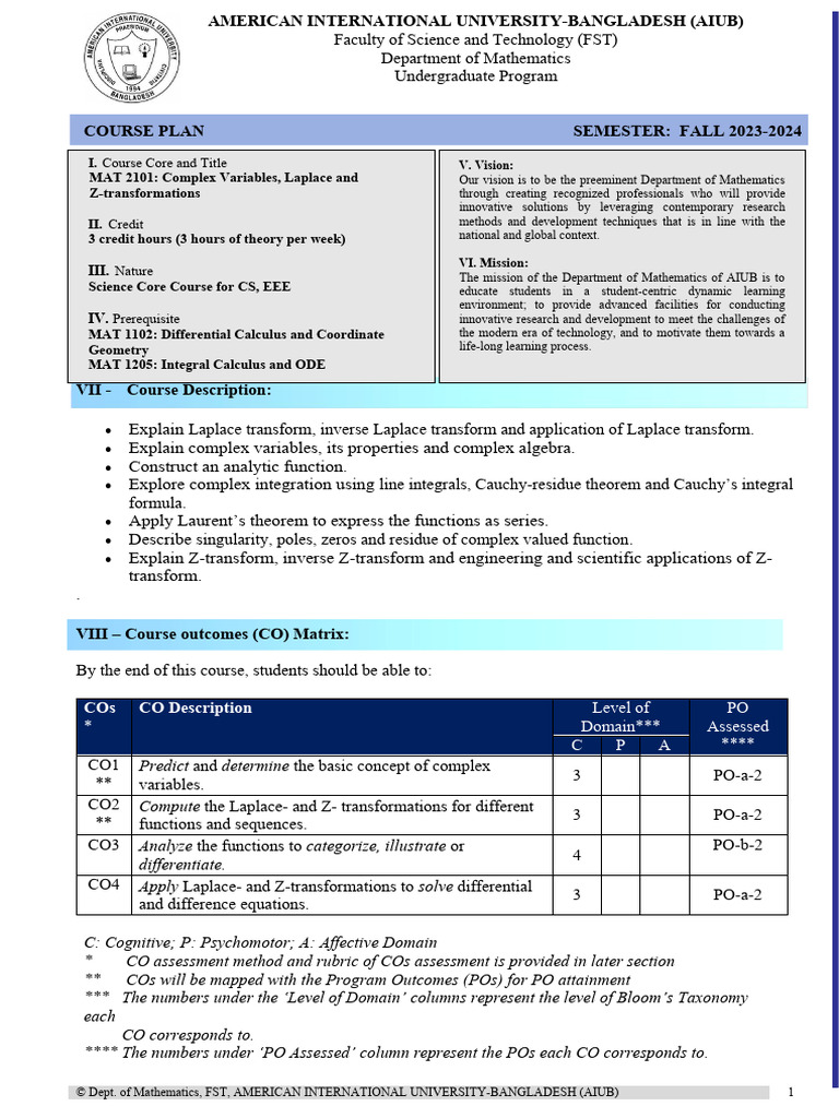 Complex Variables & Transforms Course Plan | PDF | Laplace Transform ...