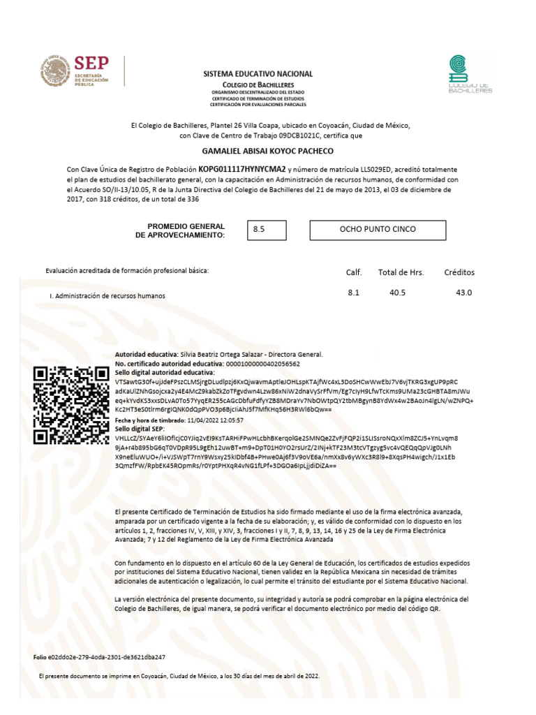 Certificado de Bachillerato General 2022 | PDF