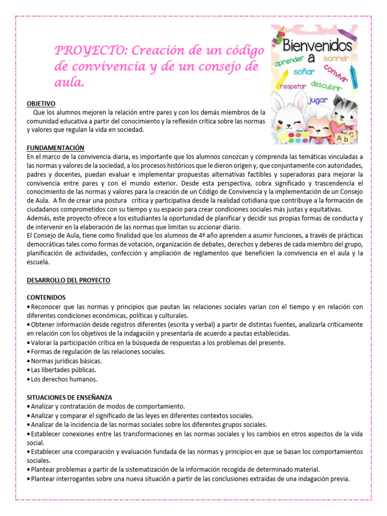 Proyecto de Convivencia Escolar Primaria | PDF | Salón de clases ...