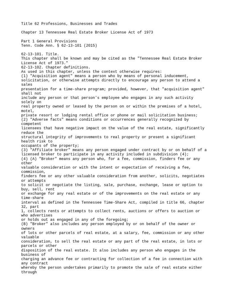 Chapter 13 Tennessee Real Estate Broker License Act of 1973 PDF Law