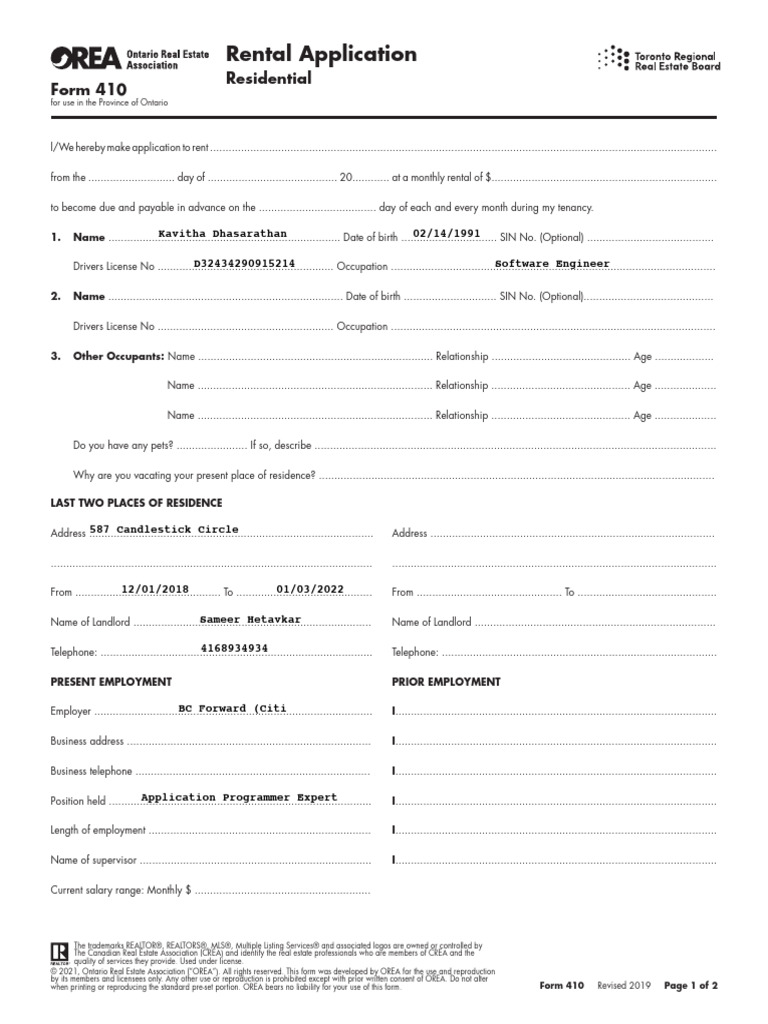 (Toronto) 410 - Rental Application - Residential | PDF | Landlord ...