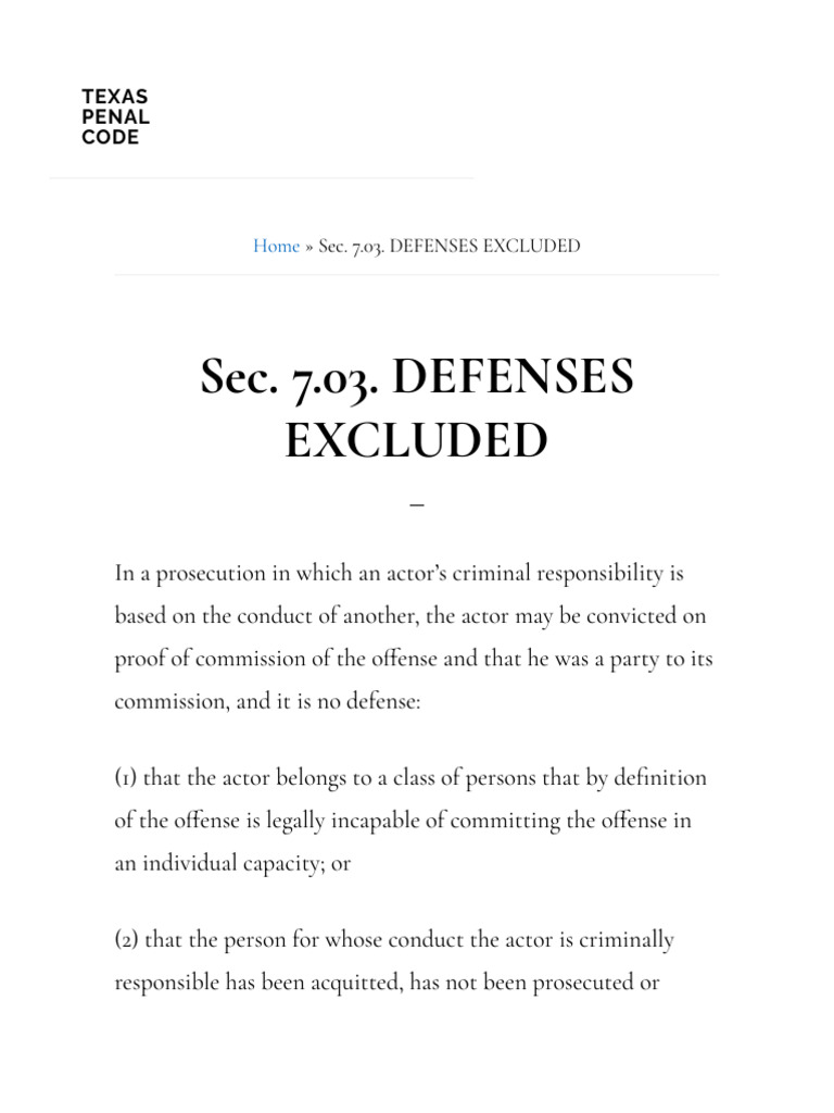 Sec. 7.03. Defenses Excluded Texas Penal Code PDF