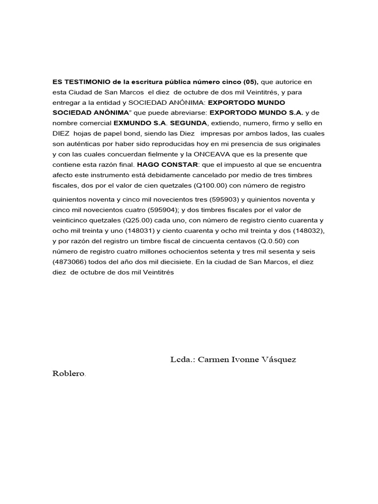Testimonio de Constitución de EXPORTODO MUNDO S.A. | PDF