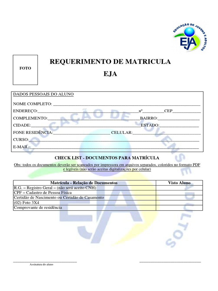 Requerimento de Matrícula EJA | PDF | Finanças e Administração de Capital