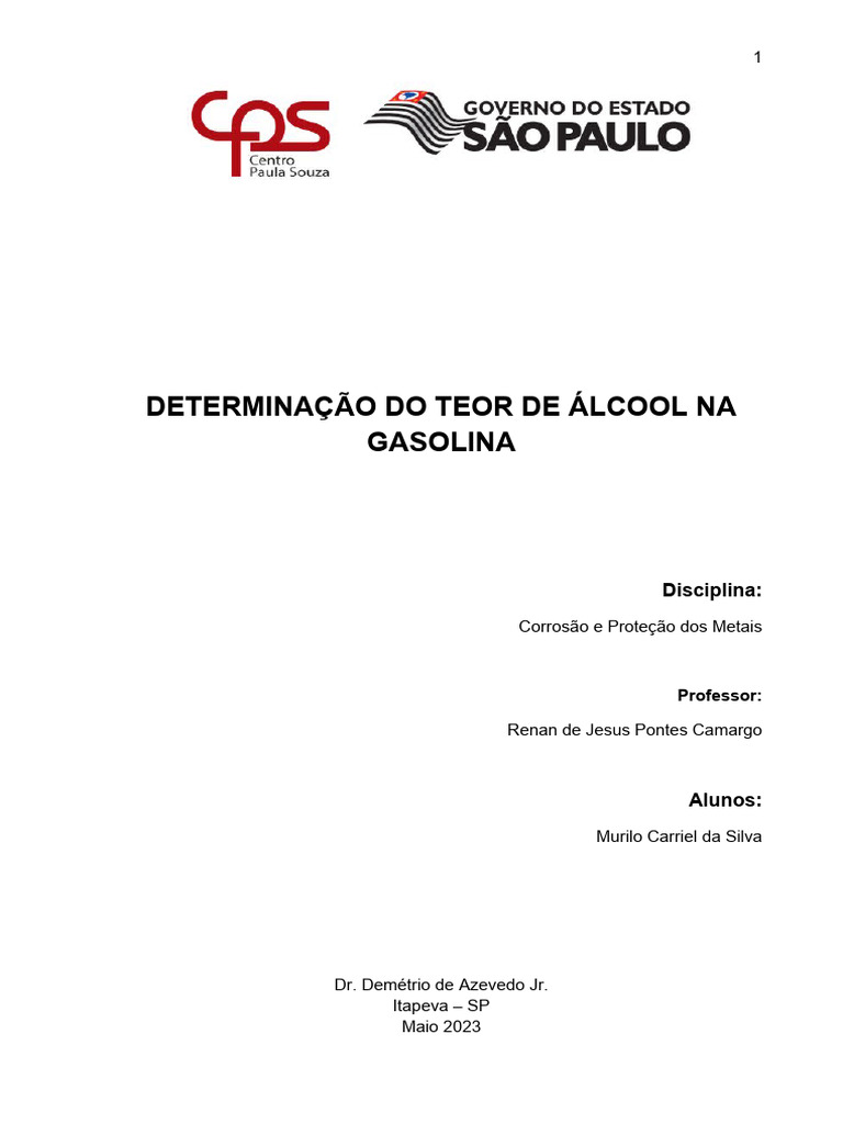 Teor de Álcool na Gasolina: Estudo Experimental | PDF | Ciências e ...