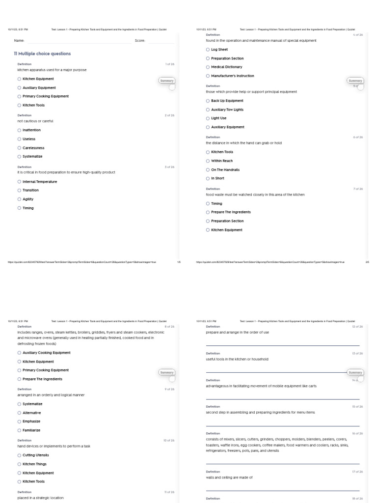Test Lesson 1 Preparing Kitchen Tools and Equipment and The