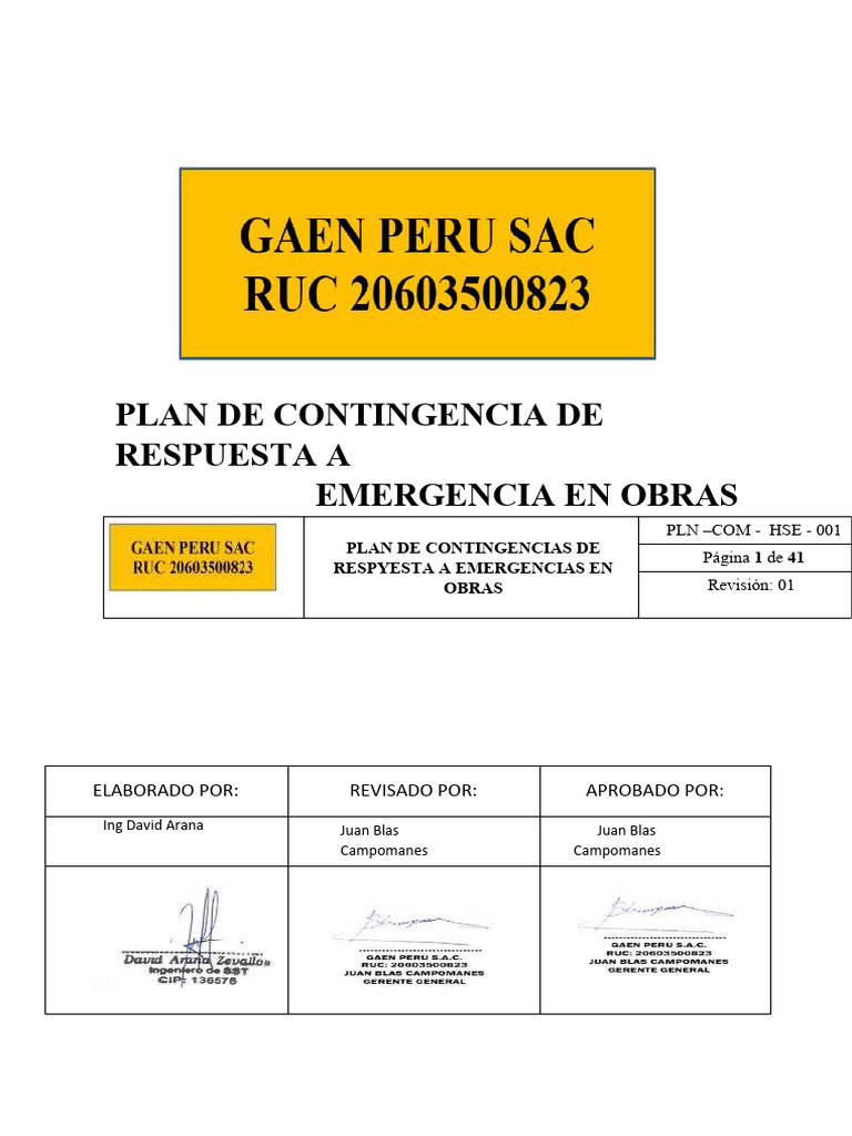 Plan Contingencia de Respuesta a Emergencia en Obras 2019 | PDF ...