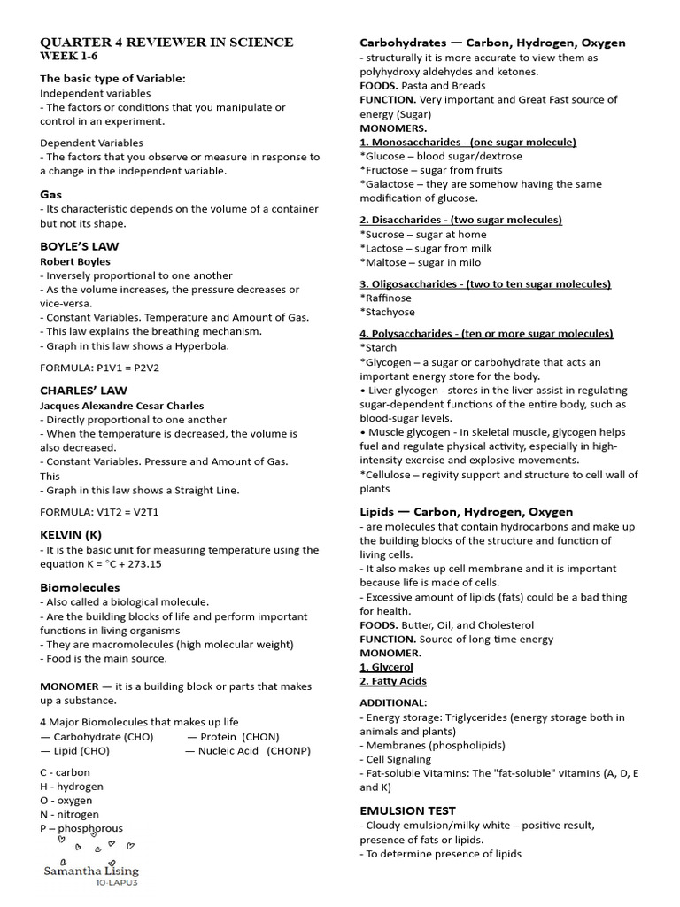 Science Q4 Review: Variables & Biomolecules | PDF | Chemical Reactions ...