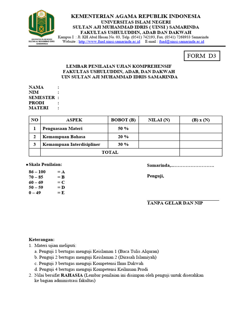 Form D3 Lembar Penilaian Ujian Komprehensif Pdf