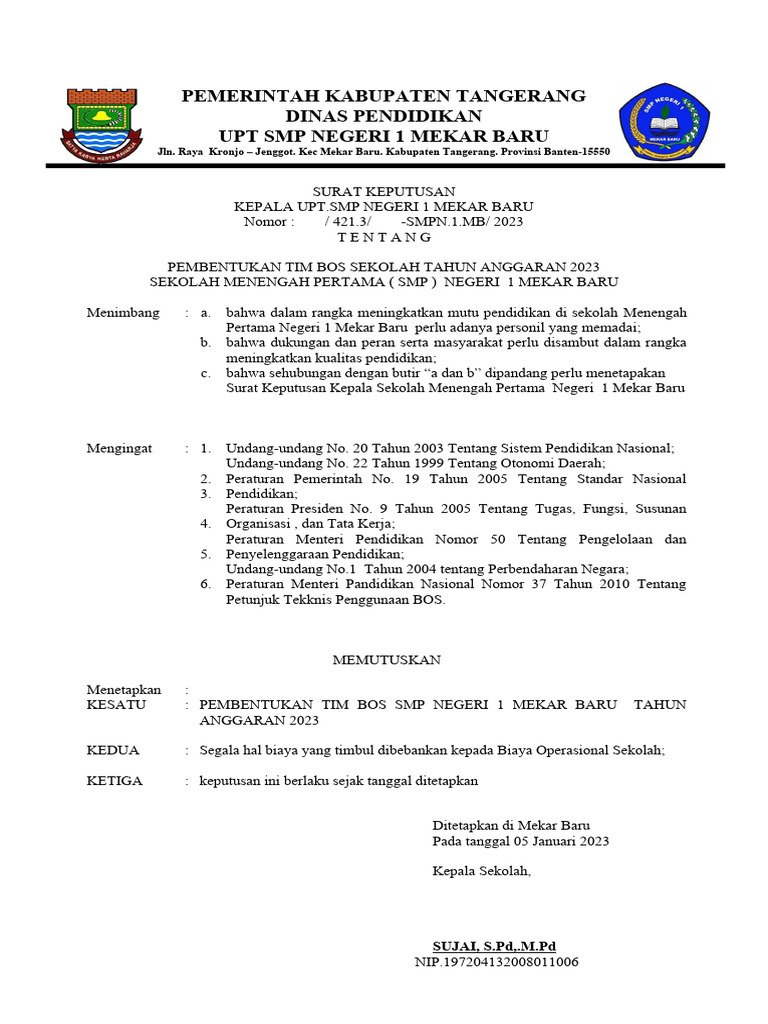 Form SK Tim Bos Sekolah-1 | PDF