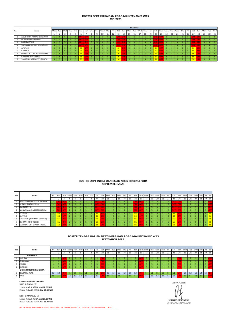 Roster Kerja Dept Infra Dan RM September 2023 | PDF
