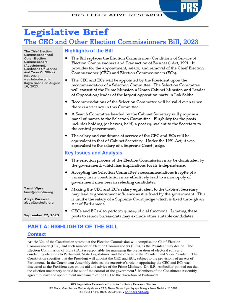 Election Commission Bill Analysis | PDF | Supreme Court Of India | Bill ...