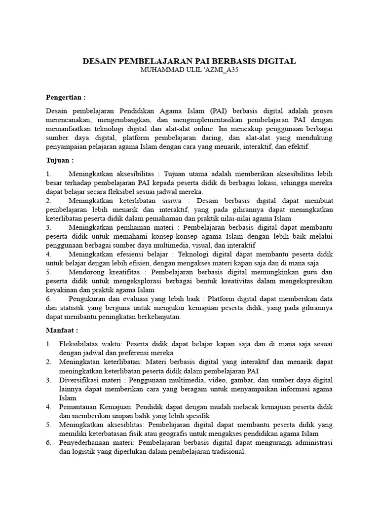 Desain Pembelajaran Pai Berbasis Digital Muhammad Ulil Azmi A35 Pdf