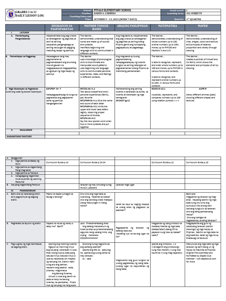 Daily Lesson Log for Grade 1 (Week 7) | PDF | Linguistics | Human ...