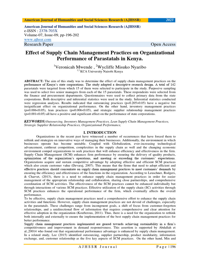 Effect of Supply Chain Management Practices On Organizational ...