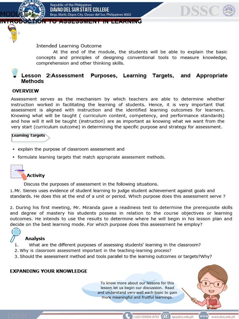 Lesson 2 assessment purpose learning targets and appropriate methods