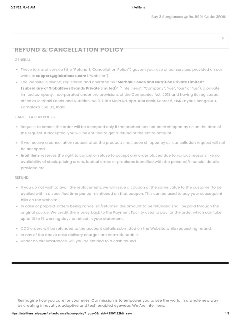 Intellilens Refund Policy PDF Glasses Sunglasses
