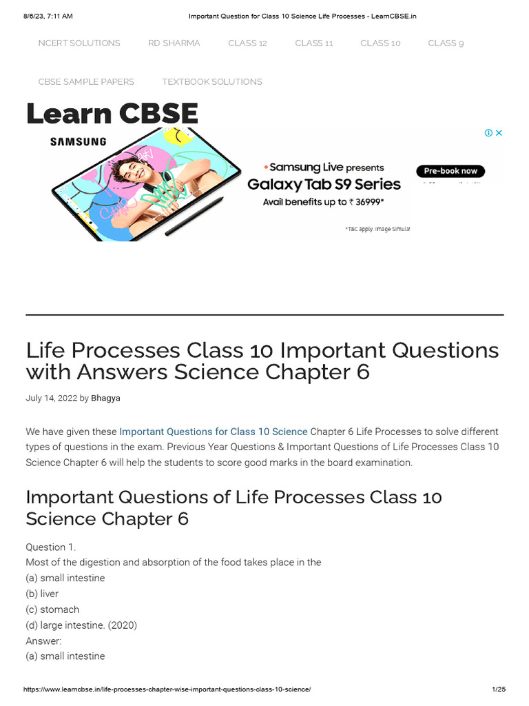 Important Question For Class 10 Science Life Processes LearnCBSE in